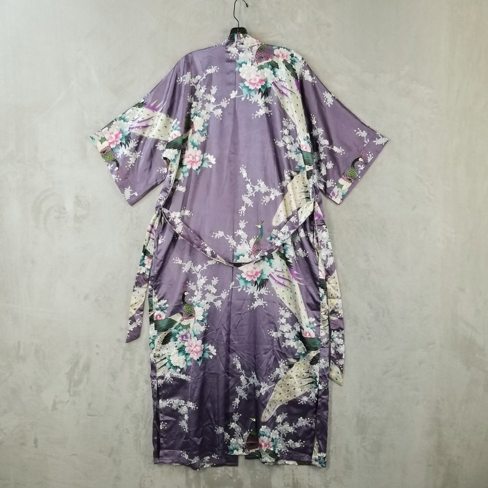 Kimono Robe Women's OS Purple Peacock Floral Full Length Satin